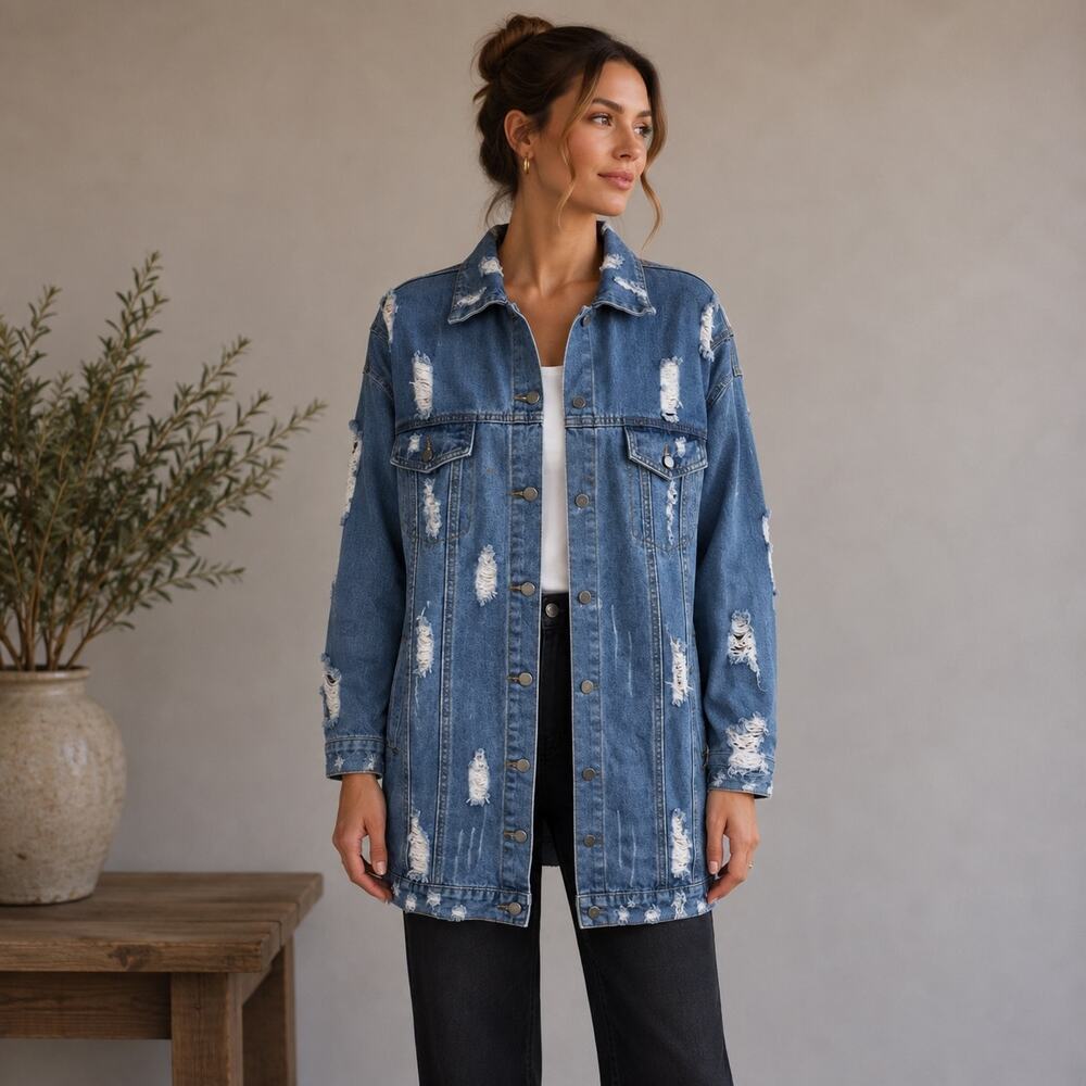 Thirty 6 Point 5 Blue Denim Distressed Long Line Jacket Small